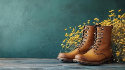 aged leather boots on wooden floor flat design side view countryside theme cartoon drawing vivid