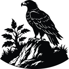 Black Silhouette Eagle Perched on Rock, Nature Scene, Vector Art, Wildlife Illustration