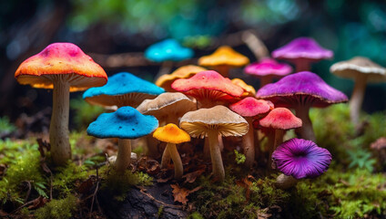 Fototapeta premium Vibrant Multicolored Hallucinogenic Mushrooms for Artistic Use
