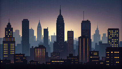 dimly lit city skyline with lights gradually turning creates serene atmosphere. silhouette of tall buildings and iconic structures adds depth to urban landscape, evoking sense of calm and wonder