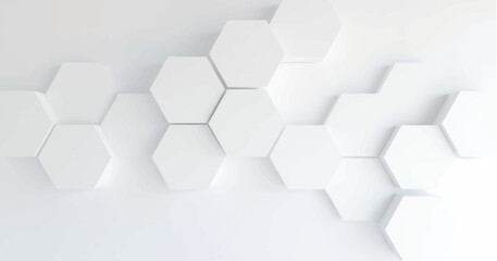 Create a vector illustration of a white background with multiple white hexagons arranged in a staggered, honeycomb pattern. Include soft shadows to give a 3D effect and slight depth to the hexagons. 