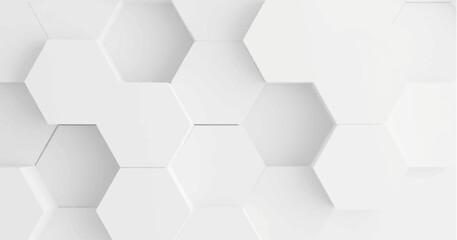 Create a vector illustration of a white background with multiple white hexagons arranged in a staggered, honeycomb pattern. Include soft shadows to give a 3D effect and slight depth to the hexagons. 