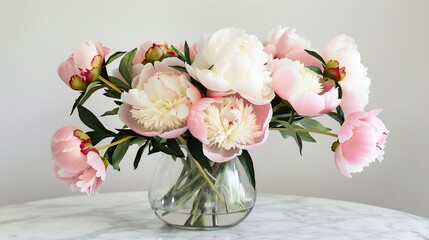 Obraz premium Delicate bouquet of fresh peonies soft pastel shades of pink white elegantly arranged in a glass vase on a marble tabletop with gentle morning light 