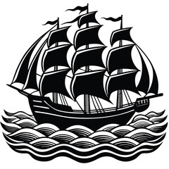 Black and White Sailing Ship Illustration: Vintage Nautical Art on Wavy Ocean Waters