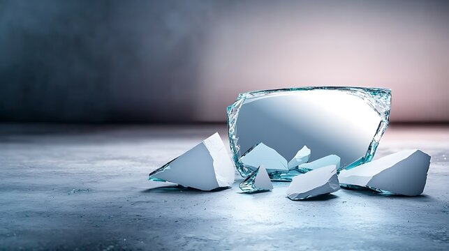 Shattered mirror pieces on a concrete surface, reflecting light, symbolizing fragility and destruction