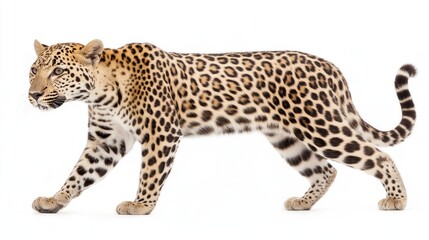 Naklejka premium Side profile of a walking leopard isolated on white background
