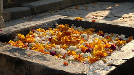 Temple Offering Flowers, Water, Stone Basin, Sunlight, India