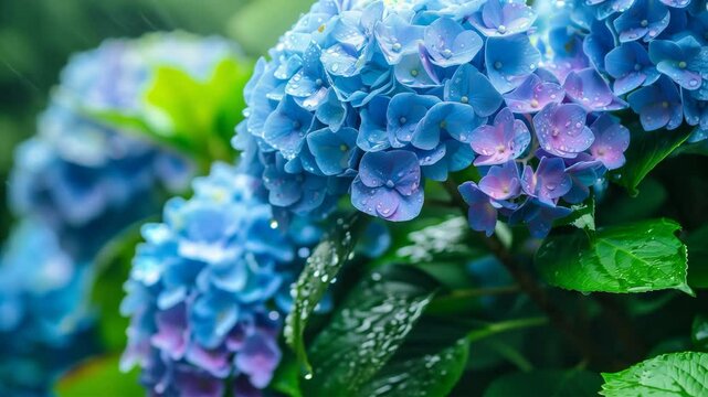 雨に濡れた紫陽花のクローズアップ