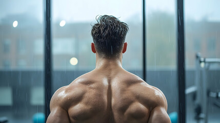 Muscular Man Back View at Gym During Rain