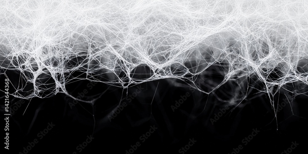 Poster a visually striking image of intricate white threads against a dark background, creating an abstract