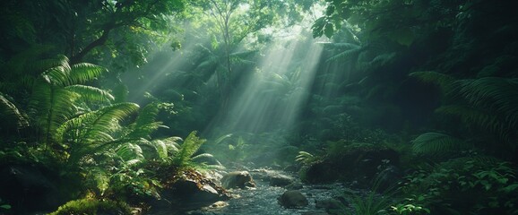 Obraz premium Sunlight piercing through the lush greenery of a tropical rainforest landscape