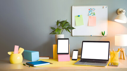 A tidy workspace with a laptop, tablet, smartphone, and stationery on a wooden desk.