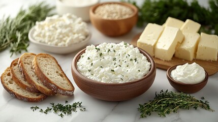 Variety of dairy products with bread