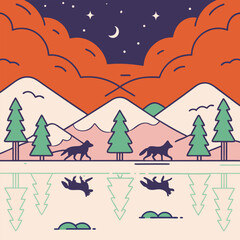 Fototapeta premium Mystical wolf silhouette designs in nature scenes with spiritual, emotional and tribal elements vector illustration