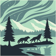 Mystical wolf silhouette designs in nature scenes with spiritual, emotional and tribal elements vector illustration
