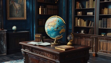 Grand antique library study, ornate desk, globe