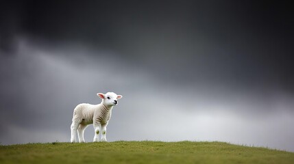 Obraz premium Lamb, hillside, storm clouds, pasture, spring