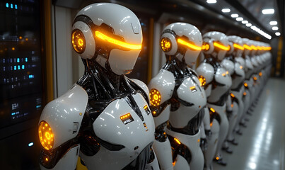 Fototapeta premium Row of White Android Robots with Orange Lights in Dark Server Room