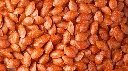Shiny orange seeds tightly packed creating a textured background with small brown spots