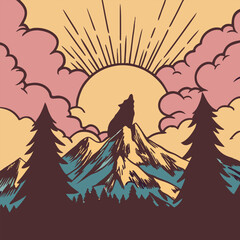 Mystical wolf silhouette designs in nature scenes with spiritual, emotional and tribal elements vector illustration
