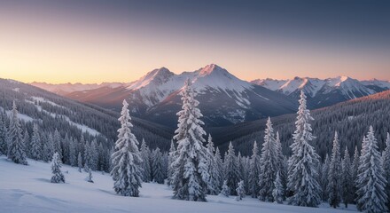 Snowy Mountains and Forest at Sunset