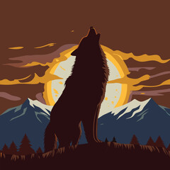 Mystical wolf silhouette designs in nature scenes with spiritual, emotional and tribal elements vector illustration
