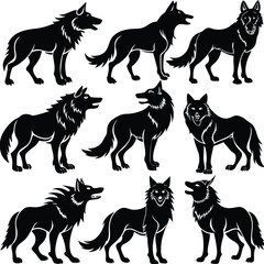 Mystical wolf silhouette designs in nature scenes with spiritual, emotional and tribal elements vector illustration
