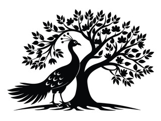 A black vector illustration shows a wild A black vector silhouette of a tree with visible roots showcases its branching structure a, a symbol of freedom, perched on a branch against a white background
