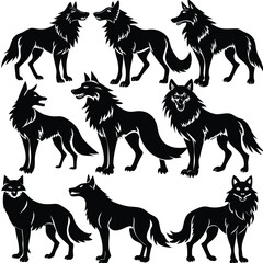 Mystical wolf silhouette designs in nature scenes with spiritual, emotional and tribal elements vector illustration
