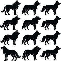 Mystical wolf silhouette designs in nature scenes with spiritual, emotional and tribal elements vector illustration
