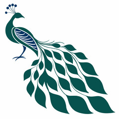 Elegant Peacock Silhouette with Teal Accents . A stylized silhouette of a peacock, featuring a rich navy blue outline and teal accents on the body and tail feathers.