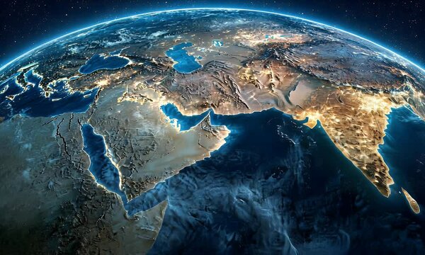 Realistic photo of the Earth from space, focusing on the Middle East and northern Africa with detailed borders of countries like Egypt, Vinland, ancient