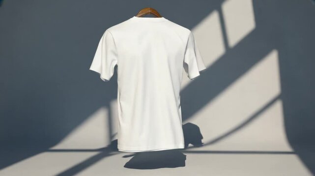 White t-shirt hanging on wooden hanger.