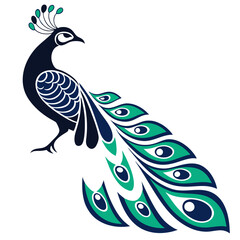 Fototapeta premium Elegant Peacock Silhouette with Teal Accents . A stylized silhouette of a peacock, featuring a rich navy blue outline and teal accents on the body and tail feathers.