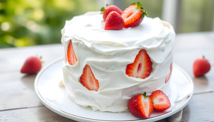 Angel Food Cake with Strawberries. White tone
