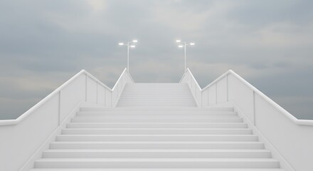Empty white stairs in pedestrian subway with dull sky. 3D Render