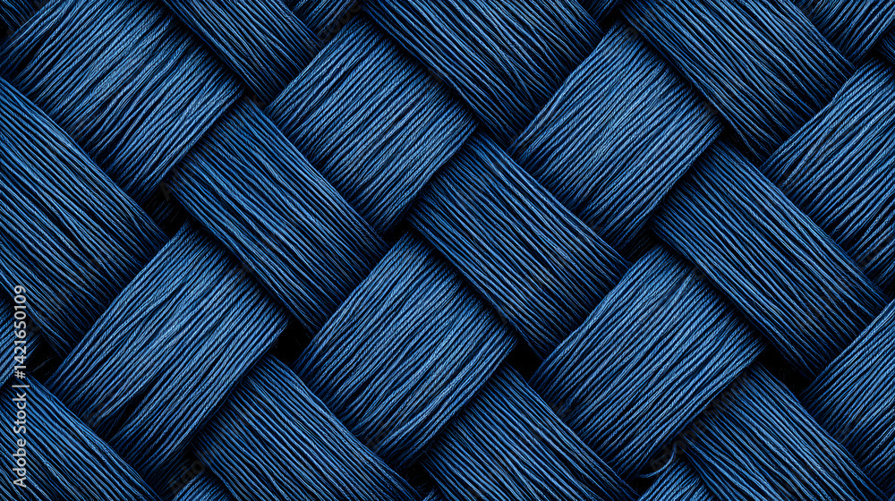 Sticker close-up view of interwoven blue threads forming a textured pattern, showcasing the intricate detail