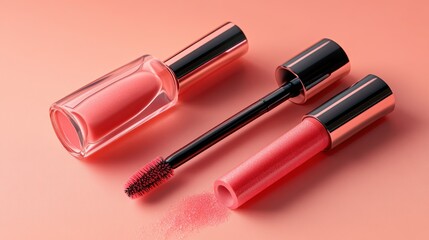 Obraz premium Coral-toned makeup products, including a gloss and mascara