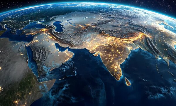 Realistic photo of the Earth from space, focusing on the Middle East and northern Africa with detailed borders of countries like Egypt, Vinland, ancient