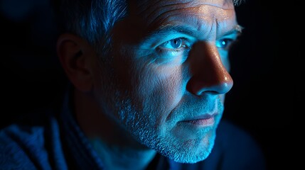 Intense gaze of a mature man in dramatic blue lighting against a dark background.