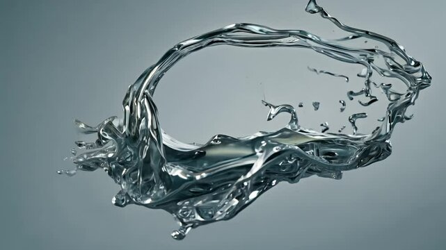 A 360-degree rotation video captures an explosion of liquid metal, showcasing rippling streams of metal colliding, isolated on a softly blurred monochrome background