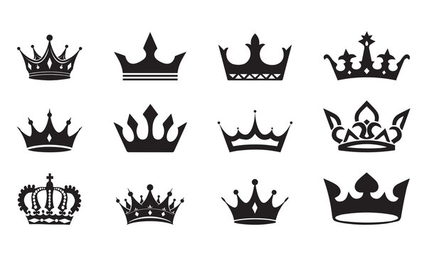 A vintage vector set features royal crown icons, a heraldic collection symbolizing king and queen designs