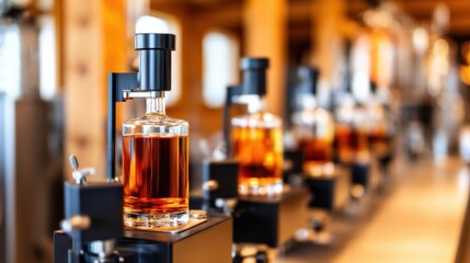 Bottles of amber liquid arranged in a distillery, showcasing craftsmanship and production process