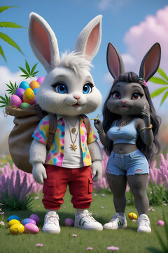 A cute and semi-realistic 3D hippie white and black rabbit character named Donte, with soft fluffy fur, big blue eyes that are red because he is high from smoking weed