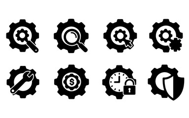 Eight black vector icons represent settings and system options. Gears combine with tools, a magnifying glass, smaller gears, a clock, a central gear, and a padlock with a shield.