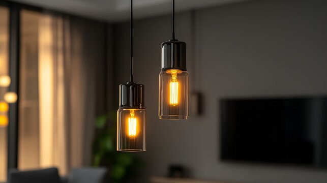 Two sleek pendant lights illuminate a modern living room, casting a warm glow.