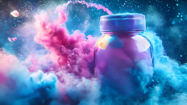 Ilustracion de un bote de proteina en polvo, concepto salud musculacion deporte. Void-Touched Fibers. Illustration