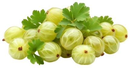 A bunch of fresh gooseberries with a greenish hue, scattered across a pure white background, emphasizing their smooth, translucent skin