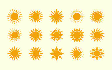 A collection of distinct yellow sun icons, each with a unique style of rays, presented in a grid format on a light yellow background.