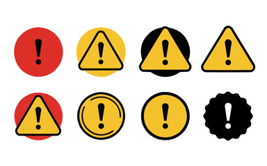 A set of eight distinct icons designed to convey attention, warning, or alert. The icons feature exclamation points within circles, triangles, and a starburst shape, using red, yellow, and black color